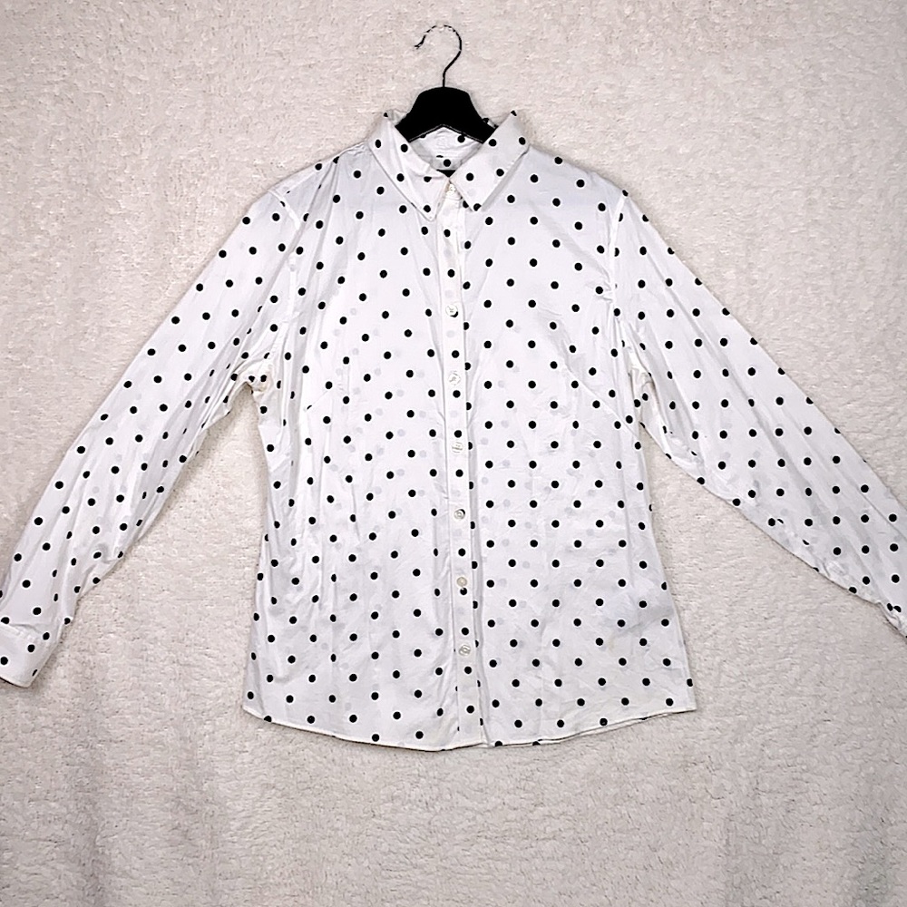 White and black polka dot fitted blouse.